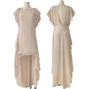 BCBGMAXAZRIA Runway Silk Yuliana Flutter Sleeve High-Low Dress Cream M